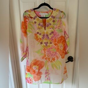 Gretchen Scott Designs Orange and Pink Graphic Tunic with Mandarin Collar